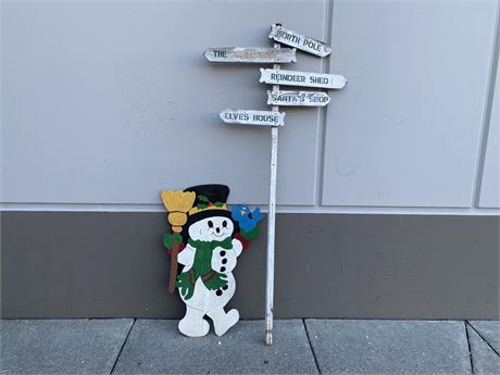 VINTAGE WOODEN SNOWMAN W/WOODEN NORTH POLE DIRECTION SIGN (77.5”)