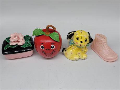 SHAFFORD MCM PAINTED PUPPY PLANTER, VINTAGE PLASTIC BABY FOOR COIN BANK & OTHERS
