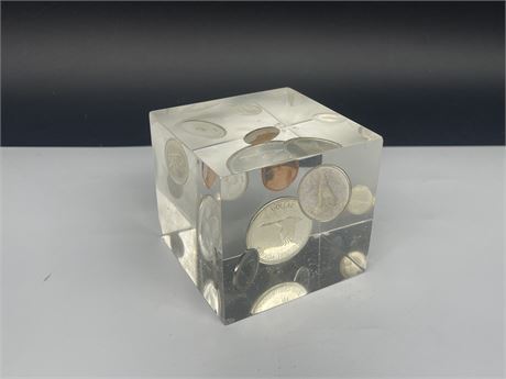 1867-1967 CANADIAN SILVER COINS IN LUCITE CLEAR CUBE