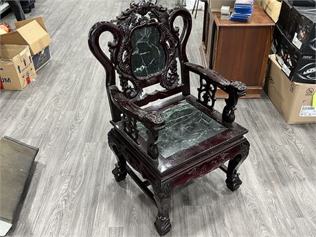 ANTIQUE ROSE WOOD DRAGON CHAIR W/MARBLE (43” tall)