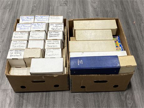 2 LARGE BOXES OF SPORTS CARDS - ROOKIES, INSERTS & BASE CARDS ETC.