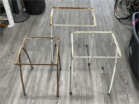 SET OF 3 1960’S IRON NESTING TABLES (NO GLASS) (LARGEST 16”x12”x21”)