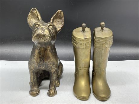 VINTAGE BRASS BOOKENDS & FRENCH BULLDOG (8” TALL)