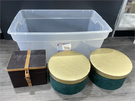 2 HAT BOXES WITH STYROFOAM HEADS INSIDE & LEATHER BOUND BOX + PLASTIC TOTE