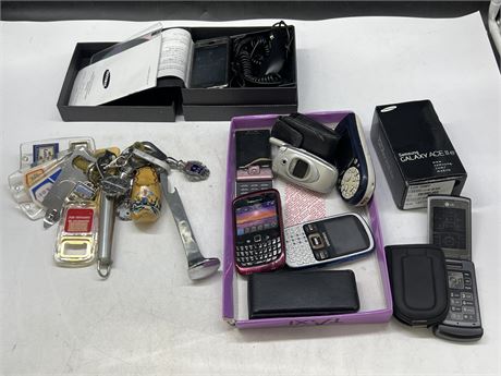 LOT OF MISC OLDER CELL PHONES FOR PARTS & VINTAGE BOTTLE OPENERS