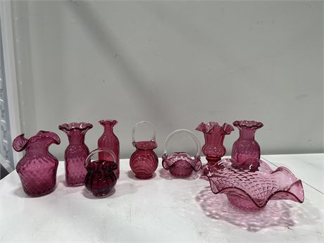 9 PCS OF CRANBERRY GLASS - LARGEST IS 7”