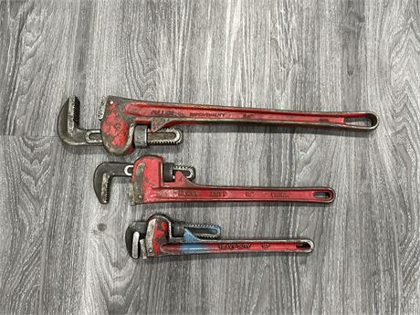 3 HEAVY DUTY PIPE WRENCHES 24” 18” 14”
