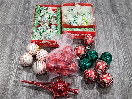 VINTAGE GLASS ORNAMENTS, PLASTIC TREE TOPPER, CANDLE TABLE DECOR