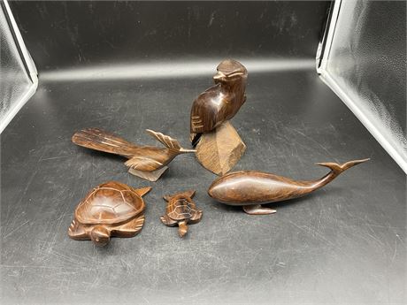 5 HAND CARVED ANIMAL FIGURES
