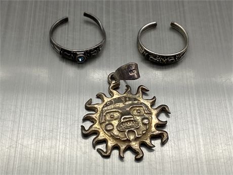3 STERLING PIECES - 2 RINGS & SUN PENDANT