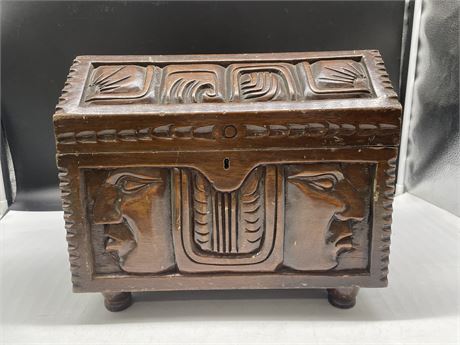 HAND CARVED WOODEN CHEST 13”x9”x11”
