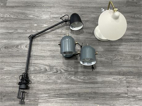 “NEW” LIGHTING INCLUDING LAMP (17”), CLAMP LAMP, & 2 LEATHER STITCHED LIGHTS