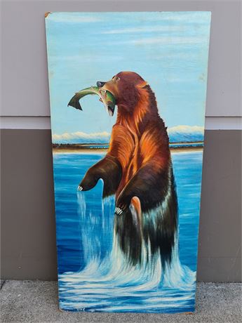 VINTAGE OIL ON BOARD GRIZZLY BEAR AND SALMON (48"x23")