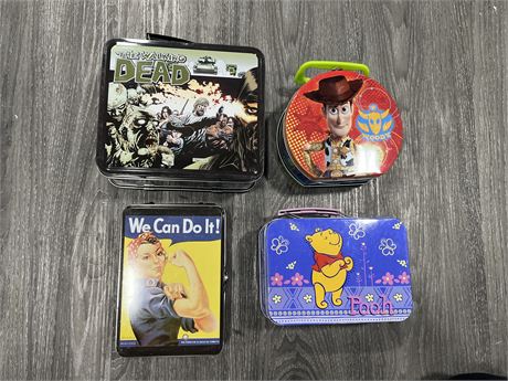 4 METAL LUNCH BOXES - 7”x6”