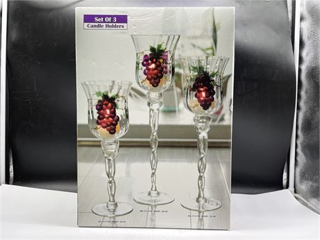 NEW SET OF 3 GRAPE GLASS CANDLE HOLDERS