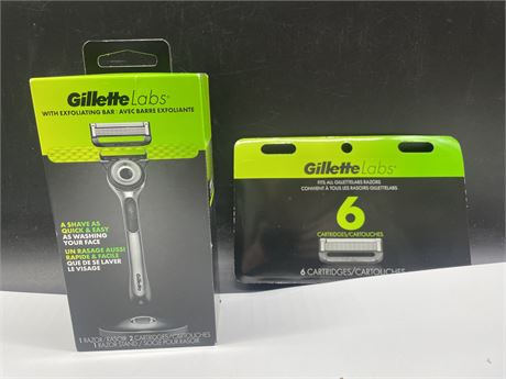 NEW GILLETTE LABS RAZOR WITH EXFOLIATING BAR & 6 EXTRA CRATRAGES