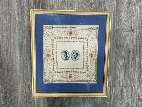 ANTIQUE FRAMED EMBROIDERY OF MARRIAGE OF KING GEORGE 7TH - 17.5”x15.5”