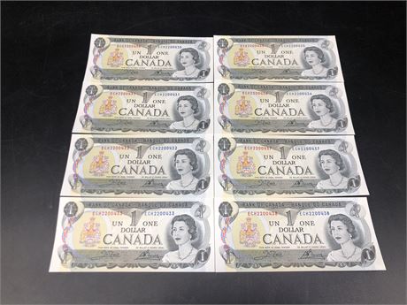 8 SEQUENCED 1973 CANADIAN 1$BILLS (430-433/435-438)
