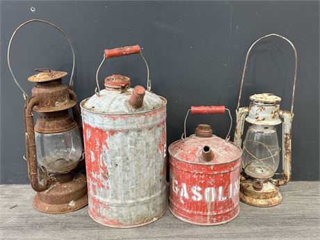 2 VINTAGE GAS CANS & LANTERNS - LEFT LANTERN IS CRACKED (15” TALL)