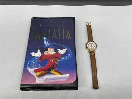 VINTAGE LORUS MICKEY MOUSE WATCH + VHS (NEEDS BATTERY)