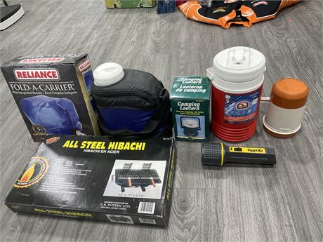LOT OF ASSORTED CAMPING GEAR INCL: CANTEEN, THERMOS, OUTDOOR GRILL, ETC