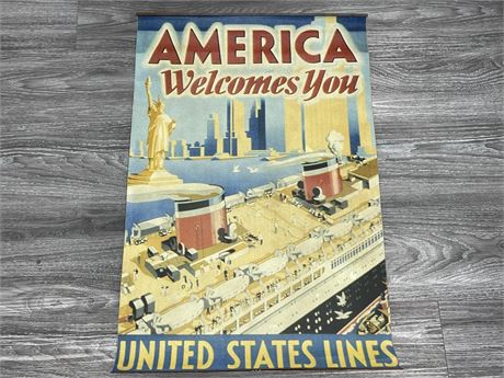 VINTAGE CANVAS BACKED AD POSTER — UNITED STATES LINE (19”X28”)