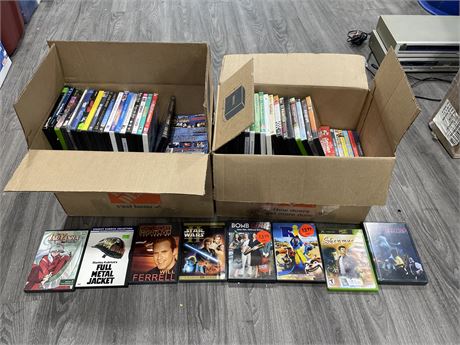 2 BOXES OF 50+ DVD’S (SOME INCOMPLETE AND FEW SEALED)
