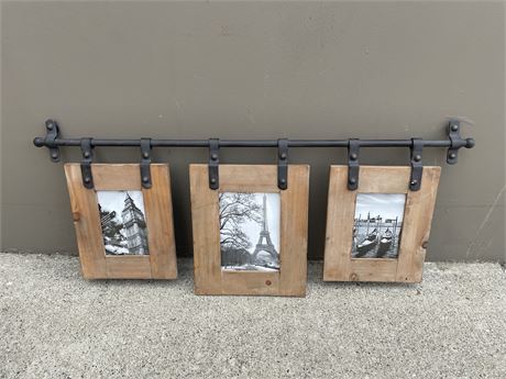 “BARN STYLE” 3 WOOD PHOTO FRAMES ON A IRON STYLE ROD 32” WIDE