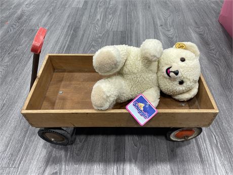 VINTAGE WOOD 21” DOVETAIL CHILD WAGON + 1986 “SNUGGLE” BEARBY RUSS