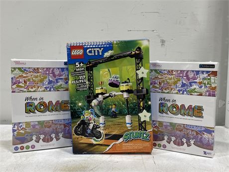 2 SEALED WHEN IN ROME TRIVIA GAMES + OPEN BOX CITY LEGO