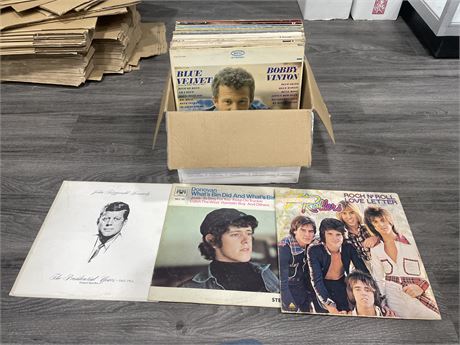 BOX OF MISC RECORDS - CONDITION VARIES MOST ARE SCRATCHED OR SLIGHTLY SCRATCHED
