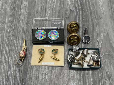 LOT OF VINTAGE CUFF LINKS, 2 PAIRS STERLING, ESSEX GLASS & ECT