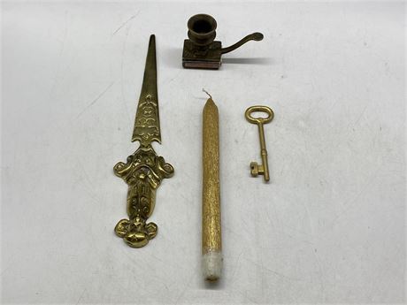 SOLID BRASS KNIGHT DAGGER LETTER OPENER, KEY + CANDLE MATCH HOLDER
