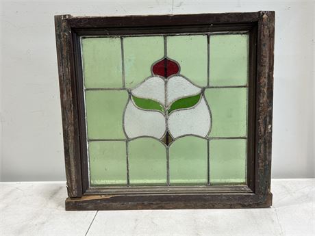 VINTAGE STAINED GLASS WINDOW PIECE IN WOOD FRAME (28”x26”)