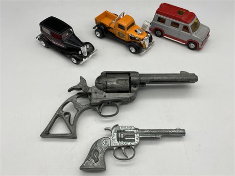 2X DIE-CAST TOY HOT RODS, CAMPER VAN & 2 VINTAGE CAP GUNS