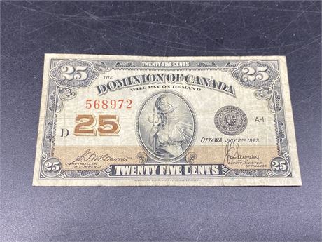 1923 CANADIAN 25 CENT BILL