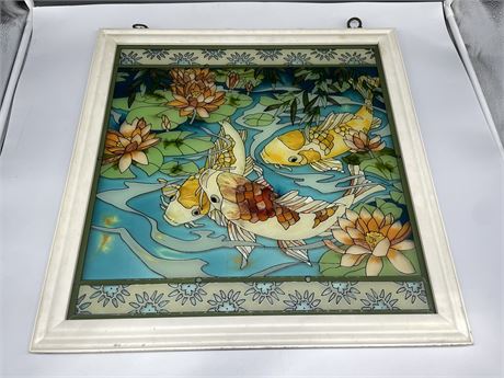 FRAMED STAINED GLASS KOI FISH PIECE 21”x22”