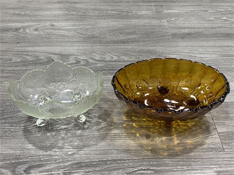VINTAGE AMBER & CLEAR DEPRESSION GLASS FRUIT BOWLS (LARGEST IS 12.5”X4.5”)