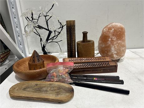 MISC. HOME ITEMS/DECOR - INCENSE, SALT LAMP, + OTHERS