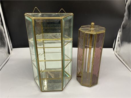 2 VINTAGE BRASS & BEVELLED GLASS DISPLAY UNITS (Tallest is 14”)