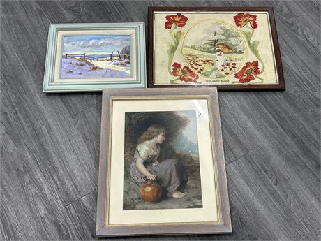 3 FRAMED ART PIECES - NEEDLE POINT, PRINT & OIL ON CANVAS