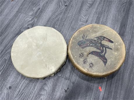 2 HANDMADE NATIVE DRUMS (LARGEST 12”)