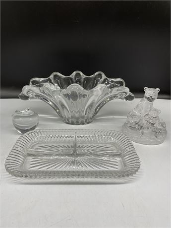HEAVY GLASS BOWL (6X14”), DIVIDED GLASS TRAY, CRYSTAL APPLE, LION/CUB GLASS ORN.