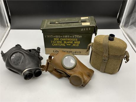 VINTAGE CANISTER, AMMO CRATE, & 2 GAS MASKS