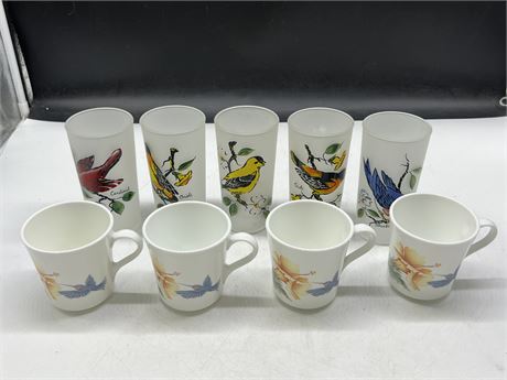 1960s HAZEL ATLAS FROSTED BIRD TUMBLERS & VINTAGE HUMMINGBIRD CORELLE CUPS