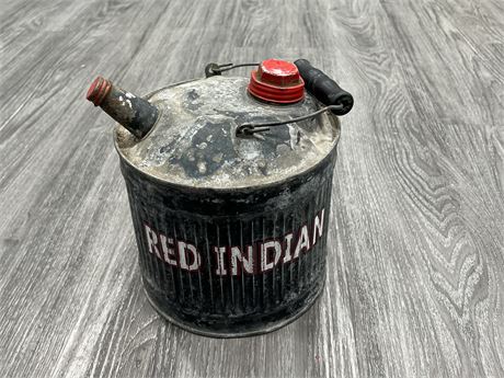 VINTAGE GAS CAN W/ RED INDIAN PAINTED ON - 7.5” TALL