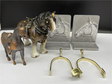 VINTAGE CAST METAL HORSE BOOKENDS, CHINA HORSE, COPPER HORSE, & SPURS