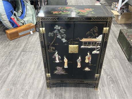 CHINESE BLACK LACQUER CABINET WITH SOAPSTONE (12”x24”x36” tall)