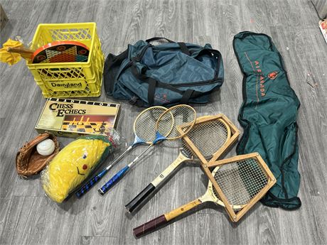 LOT OF VINTAGE RACQUETS, GAMES, BALL GLOVES, TOYS, GOLF COVER, ETC