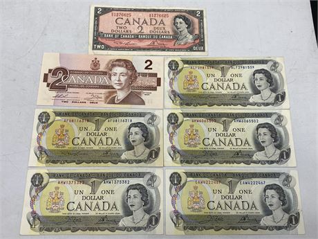 TWO $2 CANADIAN BILLS - 1954 + 1986 & FIVE $1 CANADIAN 1973 BILLS